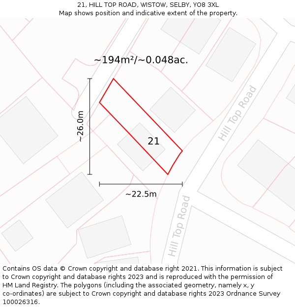 21, HILL TOP ROAD, WISTOW, SELBY, YO8 3XL: Plot and title map