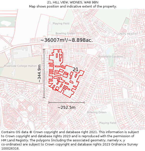 21, HILL VIEW, WIDNES, WA8 9BN: Plot and title map