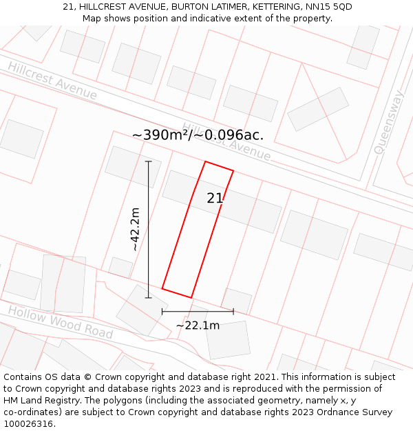 21, HILLCREST AVENUE, BURTON LATIMER, KETTERING, NN15 5QD: Plot and title map