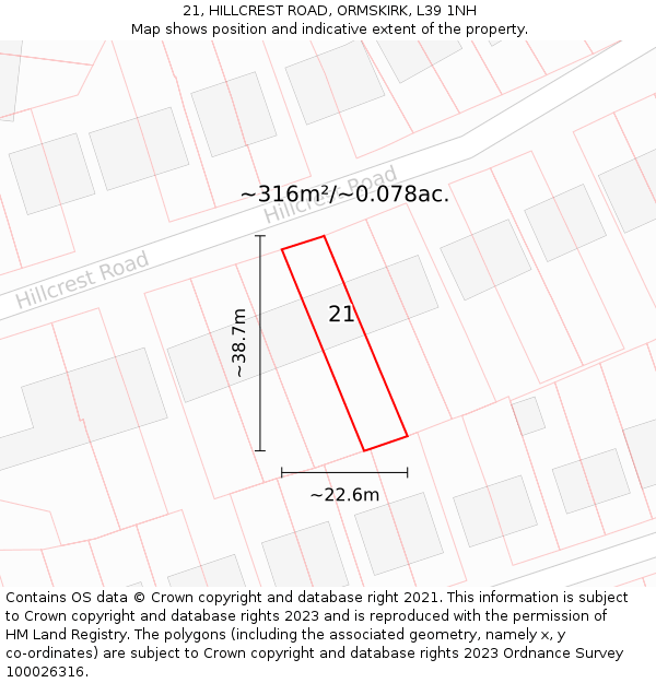 21, HILLCREST ROAD, ORMSKIRK, L39 1NH: Plot and title map