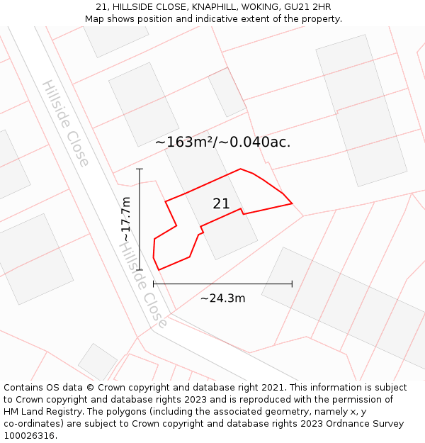 21, HILLSIDE CLOSE, KNAPHILL, WOKING, GU21 2HR: Plot and title map