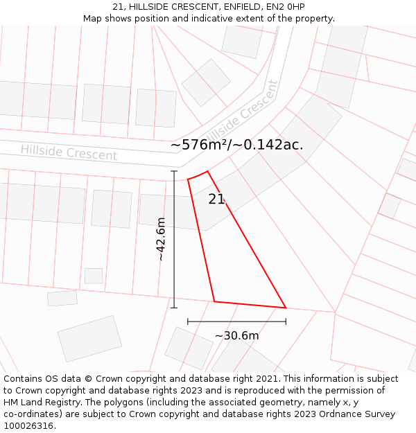 21, HILLSIDE CRESCENT, ENFIELD, EN2 0HP: Plot and title map