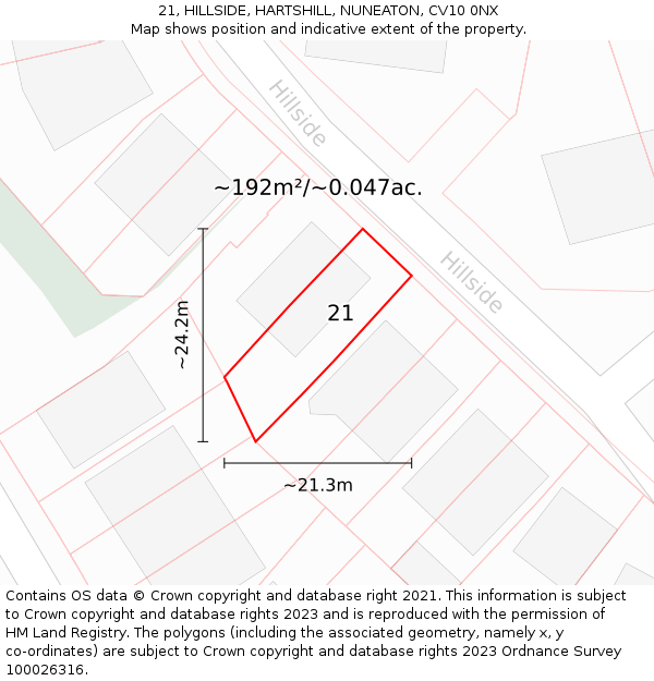 21, HILLSIDE, HARTSHILL, NUNEATON, CV10 0NX: Plot and title map
