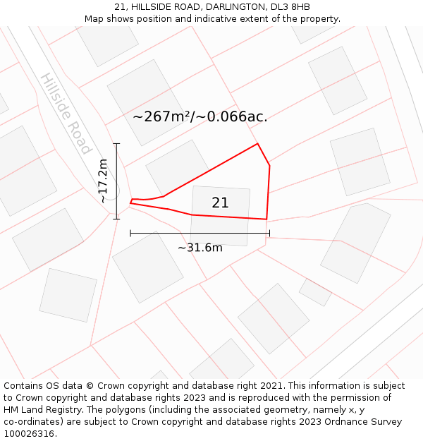 21, HILLSIDE ROAD, DARLINGTON, DL3 8HB: Plot and title map