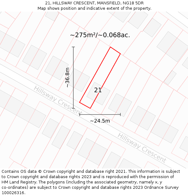 21, HILLSWAY CRESCENT, MANSFIELD, NG18 5DR: Plot and title map