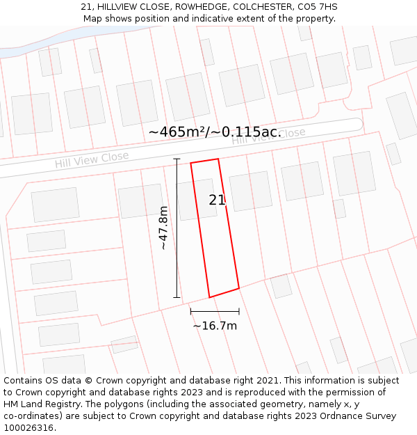 21, HILLVIEW CLOSE, ROWHEDGE, COLCHESTER, CO5 7HS: Plot and title map
