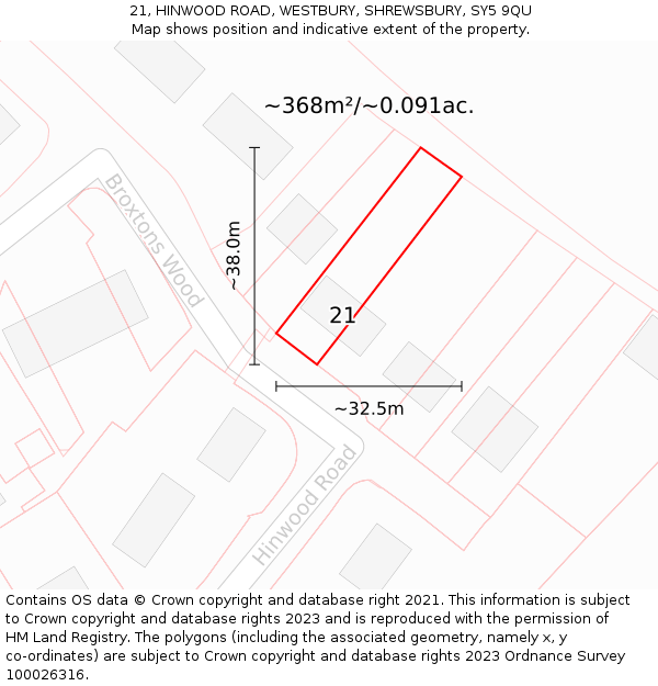 21, HINWOOD ROAD, WESTBURY, SHREWSBURY, SY5 9QU: Plot and title map