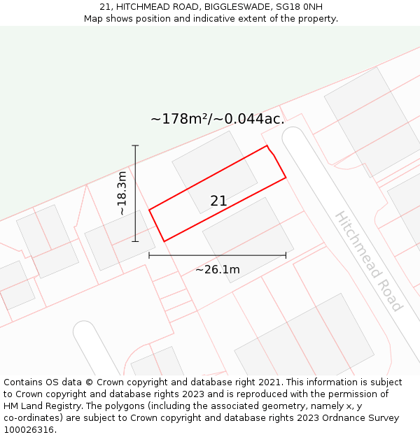 21, HITCHMEAD ROAD, BIGGLESWADE, SG18 0NH: Plot and title map