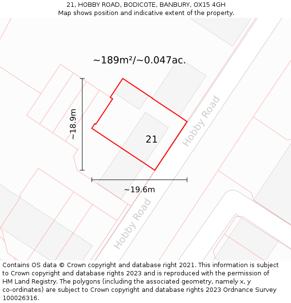 21, HOBBY ROAD, BODICOTE, BANBURY, OX15 4GH: Plot and title map