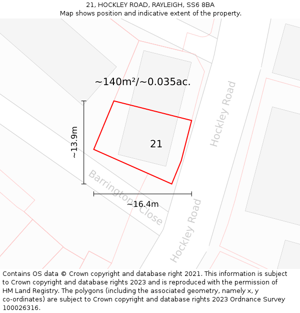21, HOCKLEY ROAD, RAYLEIGH, SS6 8BA: Plot and title map