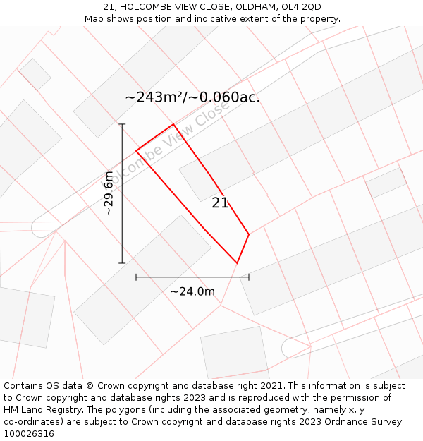 21, HOLCOMBE VIEW CLOSE, OLDHAM, OL4 2QD: Plot and title map