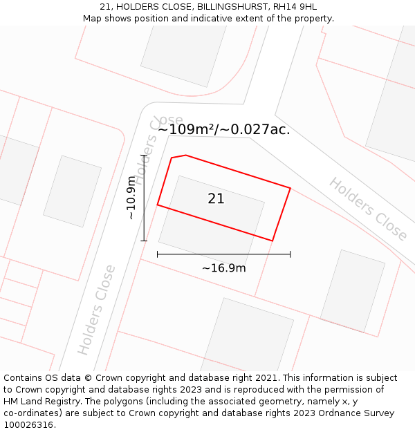 21, HOLDERS CLOSE, BILLINGSHURST, RH14 9HL: Plot and title map