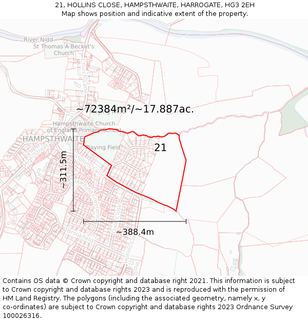21, HOLLINS CLOSE, HAMPSTHWAITE, HARROGATE, HG3 2EH: Plot and title map