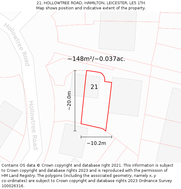 21, HOLLOWTREE ROAD, HAMILTON, LEICESTER, LE5 1TH: Plot and title map