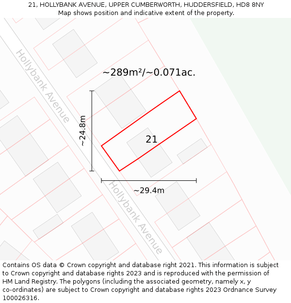 21, HOLLYBANK AVENUE, UPPER CUMBERWORTH, HUDDERSFIELD, HD8 8NY: Plot and title map