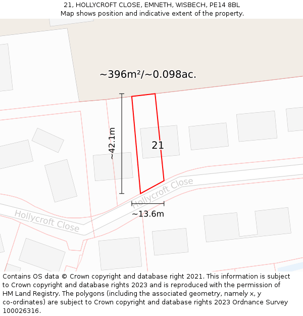 21, HOLLYCROFT CLOSE, EMNETH, WISBECH, PE14 8BL: Plot and title map