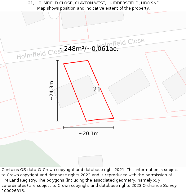 21, HOLMFIELD CLOSE, CLAYTON WEST, HUDDERSFIELD, HD8 9NF: Plot and title map