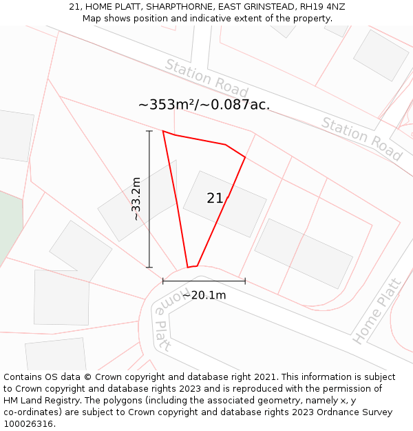 21, HOME PLATT, SHARPTHORNE, EAST GRINSTEAD, RH19 4NZ: Plot and title map