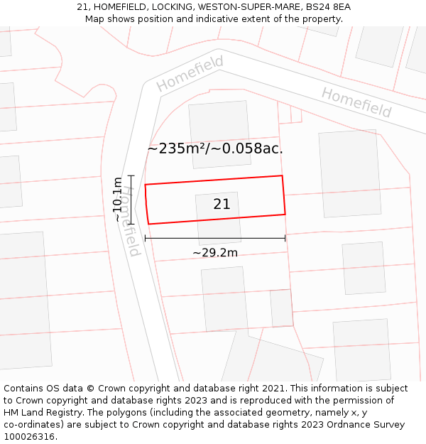 21, HOMEFIELD, LOCKING, WESTON-SUPER-MARE, BS24 8EA: Plot and title map