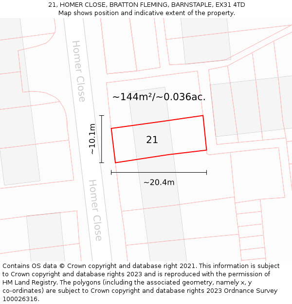 21, HOMER CLOSE, BRATTON FLEMING, BARNSTAPLE, EX31 4TD: Plot and title map