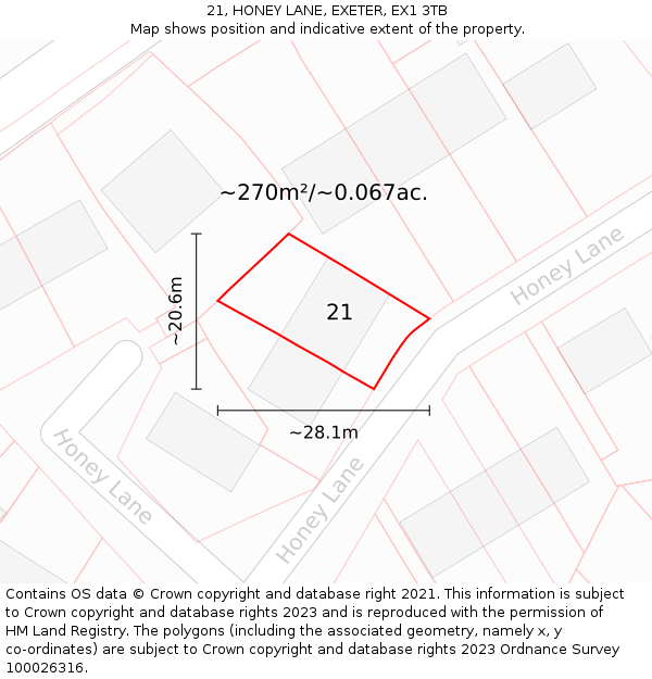 21, HONEY LANE, EXETER, EX1 3TB: Plot and title map