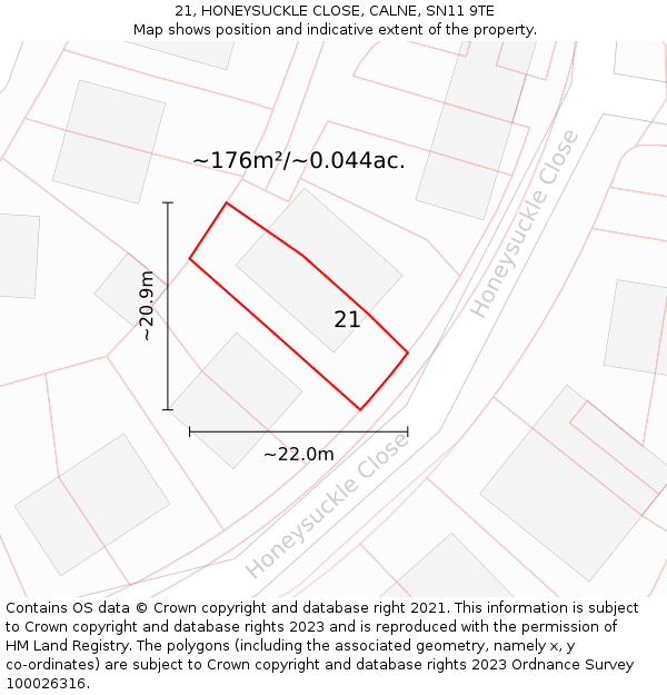 21, HONEYSUCKLE CLOSE, CALNE, SN11 9TE: Plot and title map