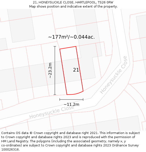 21, HONEYSUCKLE CLOSE, HARTLEPOOL, TS26 0RW: Plot and title map