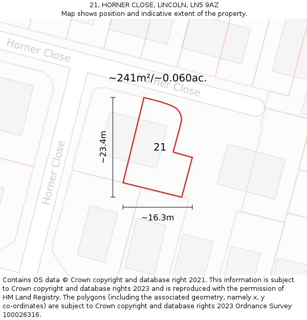 21, HORNER CLOSE, LINCOLN, LN5 9AZ: Plot and title map