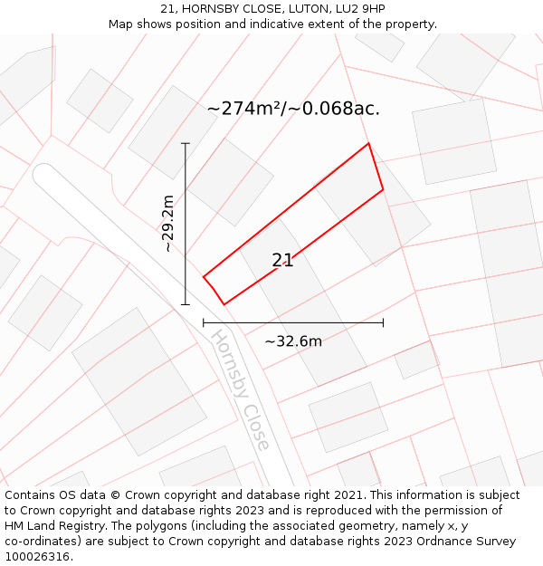 21, HORNSBY CLOSE, LUTON, LU2 9HP: Plot and title map