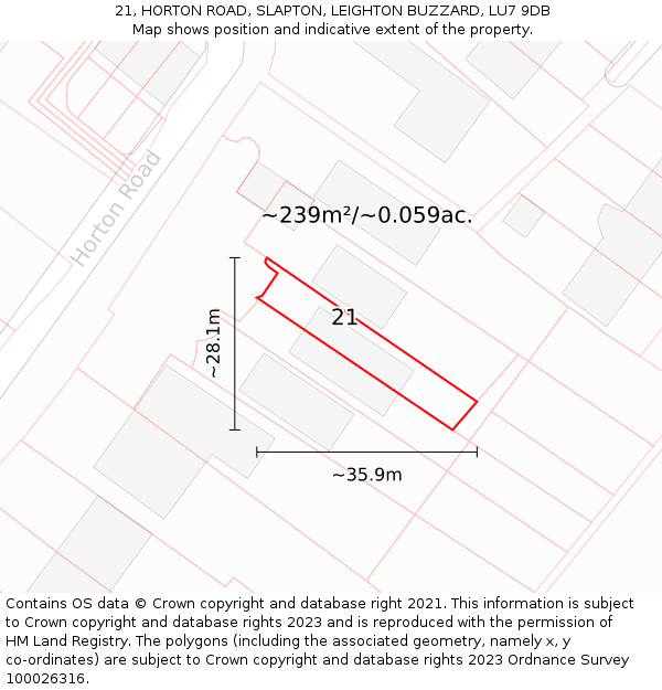 21, HORTON ROAD, SLAPTON, LEIGHTON BUZZARD, LU7 9DB: Plot and title map