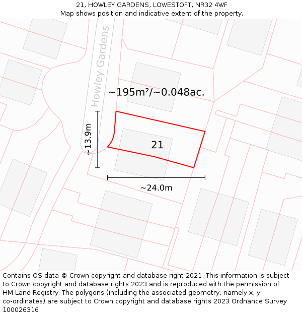 21, HOWLEY GARDENS, LOWESTOFT, NR32 4WF: Plot and title map