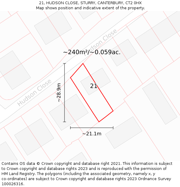 21, HUDSON CLOSE, STURRY, CANTERBURY, CT2 0HX: Plot and title map
