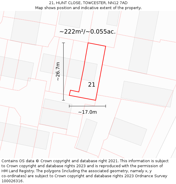 21, HUNT CLOSE, TOWCESTER, NN12 7AD: Plot and title map