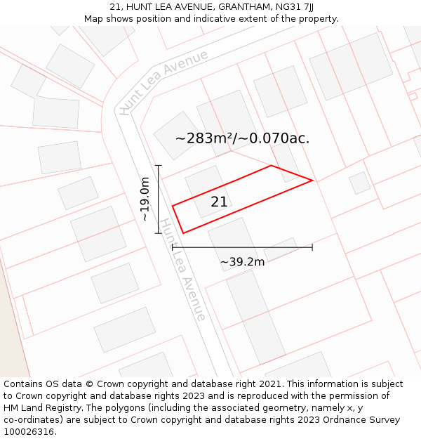 21, HUNT LEA AVENUE, GRANTHAM, NG31 7JJ: Plot and title map