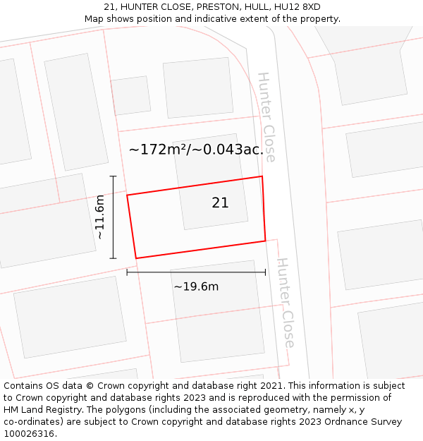 21, HUNTER CLOSE, PRESTON, HULL, HU12 8XD: Plot and title map