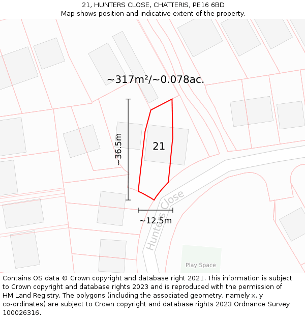 21, HUNTERS CLOSE, CHATTERIS, PE16 6BD: Plot and title map
