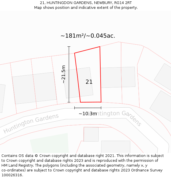 21, HUNTINGDON GARDENS, NEWBURY, RG14 2RT: Plot and title map