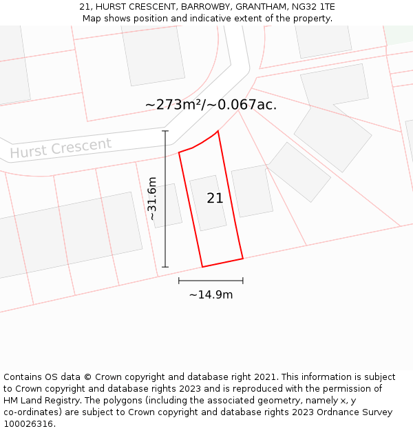 21, HURST CRESCENT, BARROWBY, GRANTHAM, NG32 1TE: Plot and title map