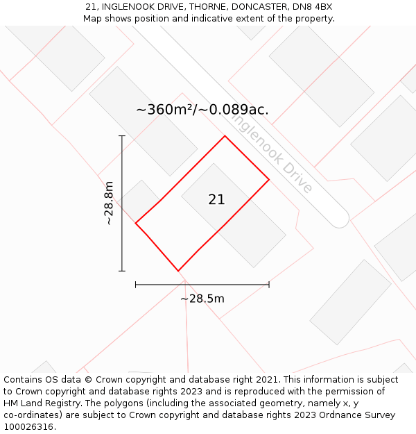 21, INGLENOOK DRIVE, THORNE, DONCASTER, DN8 4BX: Plot and title map
