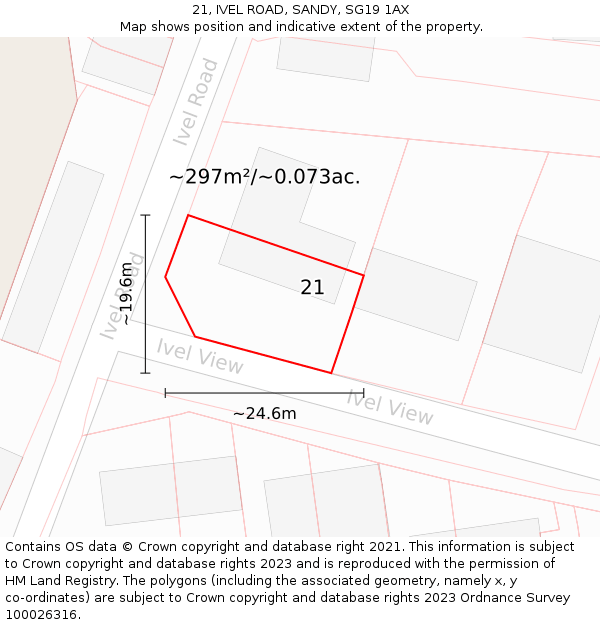 21, IVEL ROAD, SANDY, SG19 1AX: Plot and title map