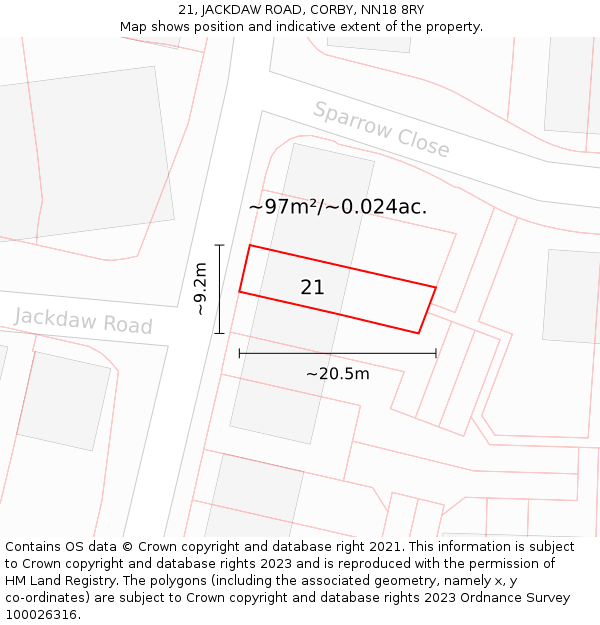 21, JACKDAW ROAD, CORBY, NN18 8RY: Plot and title map
