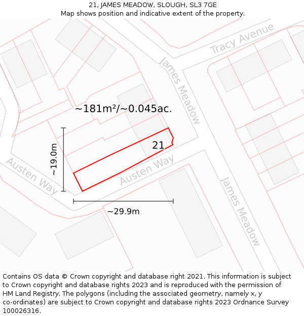 21, JAMES MEADOW, SLOUGH, SL3 7GE: Plot and title map