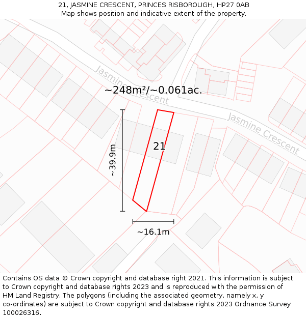21, JASMINE CRESCENT, PRINCES RISBOROUGH, HP27 0AB: Plot and title map