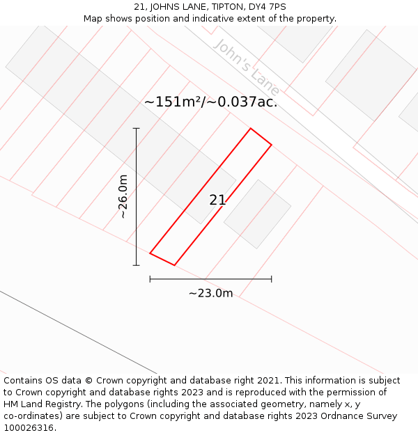 21, JOHNS LANE, TIPTON, DY4 7PS: Plot and title map