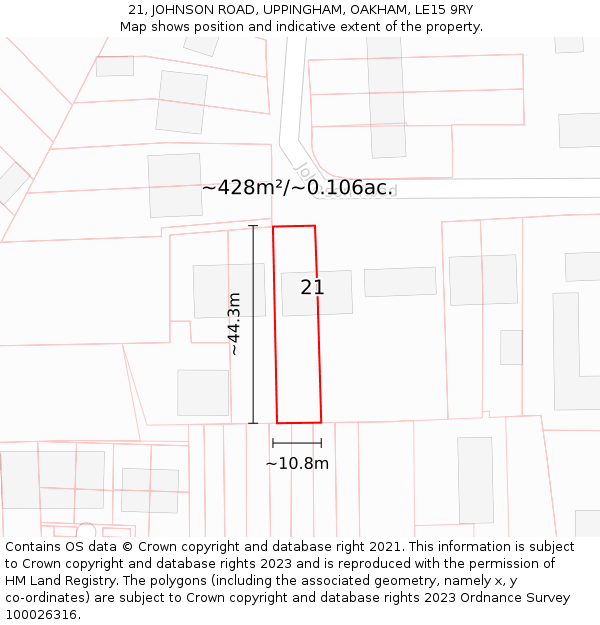 21, JOHNSON ROAD, UPPINGHAM, OAKHAM, LE15 9RY: Plot and title map