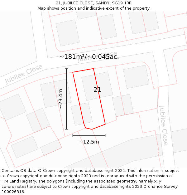 21, JUBILEE CLOSE, SANDY, SG19 1RR: Plot and title map