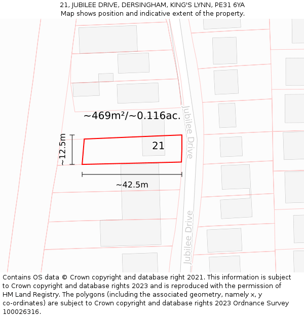 21, JUBILEE DRIVE, DERSINGHAM, KING'S LYNN, PE31 6YA: Plot and title map