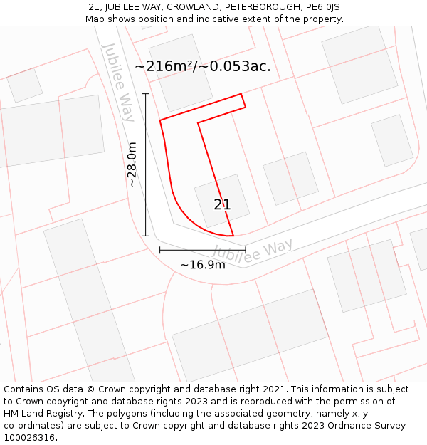 21, JUBILEE WAY, CROWLAND, PETERBOROUGH, PE6 0JS: Plot and title map