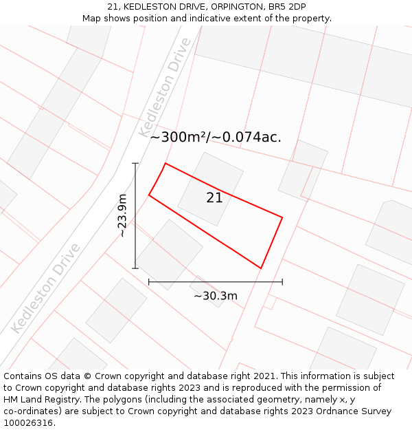 21, KEDLESTON DRIVE, ORPINGTON, BR5 2DP: Plot and title map