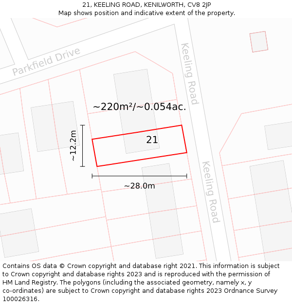 21, KEELING ROAD, KENILWORTH, CV8 2JP: Plot and title map